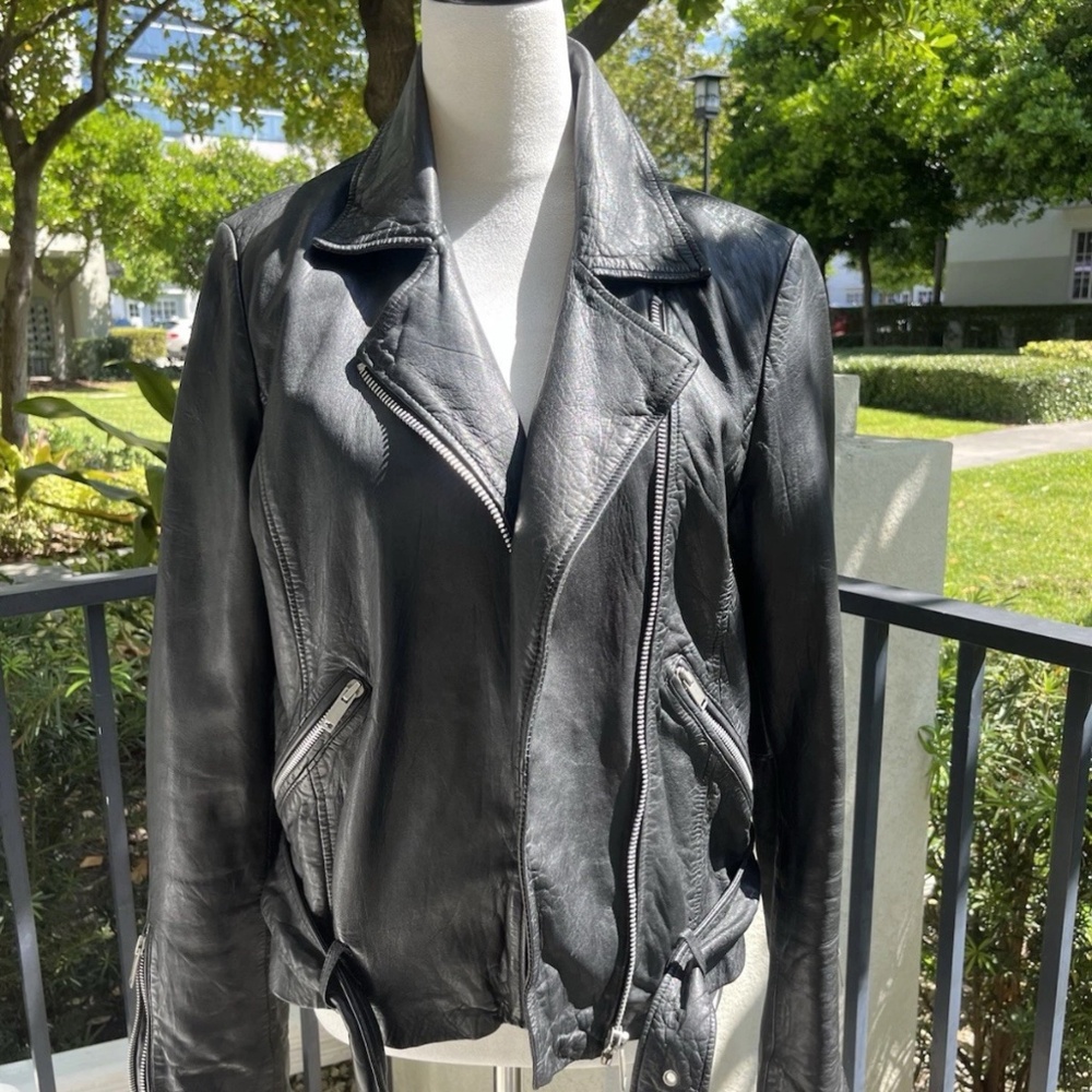 Aqua Black Moto Genuine Leather Motorcycle Biker Jacket Size M Medium Bloomies
